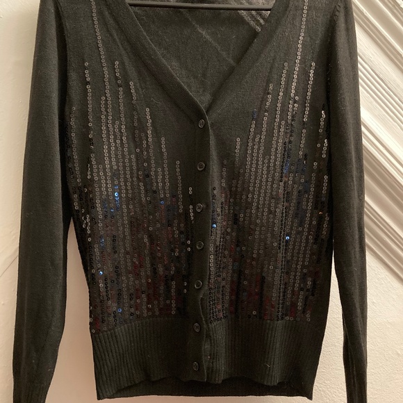 DOTS Black sequin front button down knit Cardigan sz M - Picture 2 of 8